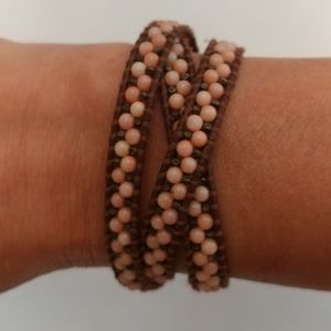 Chan Luu 3 Wrap Brown Leather Pink Bead Bracelet
